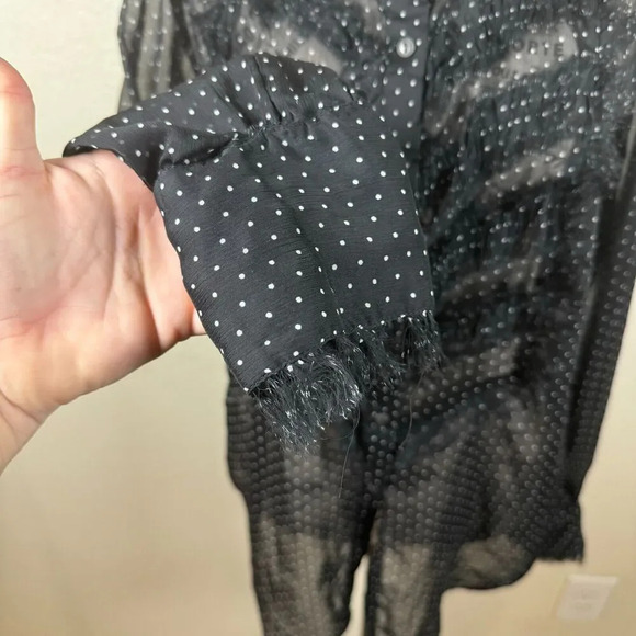 Free People Sheer Ruffle Black Polka Dot Fringe Tux Button Down Blouse Size M - Picture 4 of 11